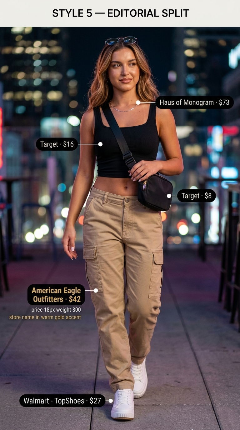 Khaki cargo pants, black cropped top, and white sneakers for summer night out downtown outfits for women 2026.