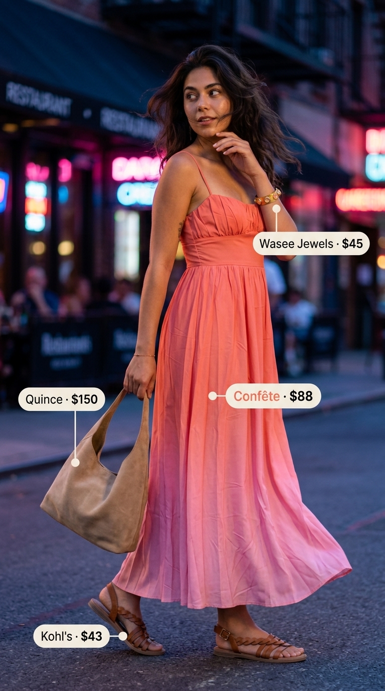 Ombre maxi dress, tan sandals, and suede bag for summer night out downtown outfits for women 2026.