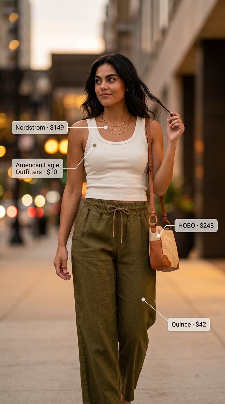Olive green linen pants, cream tank, and tan sandals for summer night out downtown outfits for women 2026.