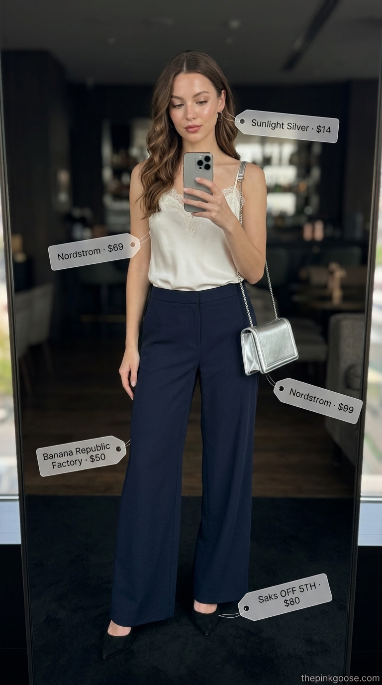 Summer night out downtown outfits for women 2026: Navy wide-leg trousers with ivory camisole and silver shoulder bag for an elegant look.
