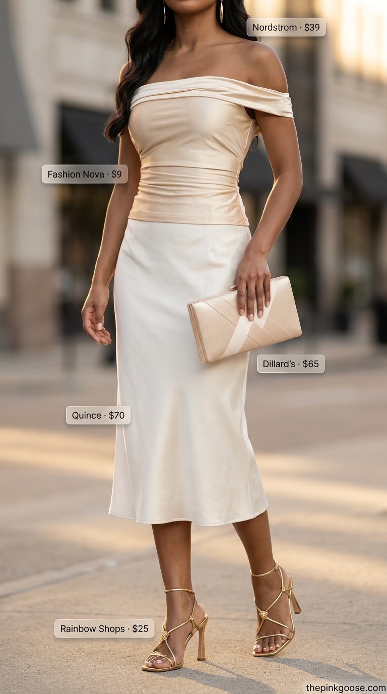 Date Night Off Shoulder Top Outfit 2026 Luxurious summer off shoulder tops outfit for women 2026: champagne top, slip skirt, gold sandals, drop earrings.