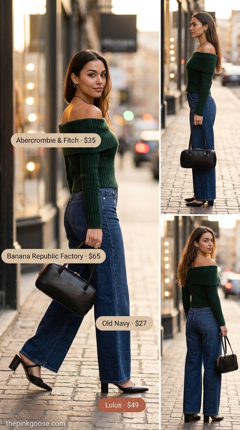 Downtown Cool Off Shoulder Top Outfit 2026 Edgy summer off shoulder tops outfit for women 2026: forest green bodysuit, dark wash jeans, black mules, mini bag.