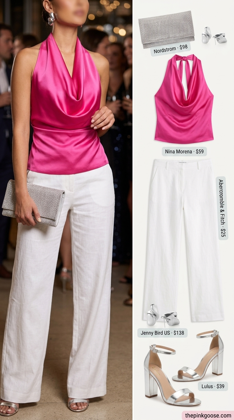Cocktail Party Off Shoulder Top Outfit 2026 Glamorous summer off shoulder tops outfit for women 2026: fuchsia top, white trousers, silver heels, clutch.
