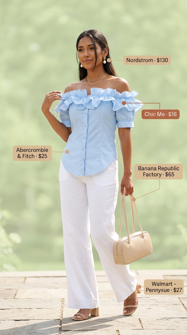 Garden Party Off Shoulder Top Outfit 2026 Sophisticated summer off shoulder tops outfit for women 2026: sky blue top, white trousers, nude heels, top-handle bag.