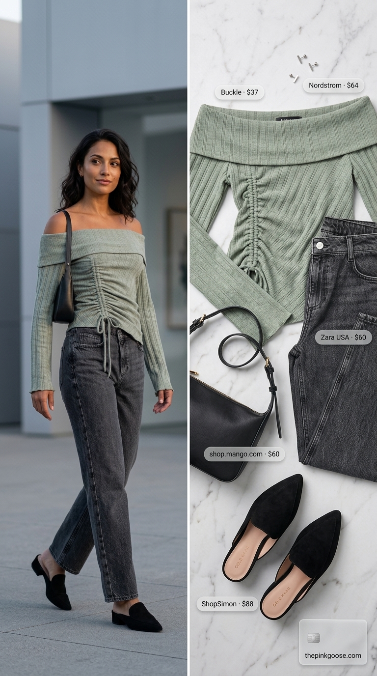 Minimalist Evening Off Shoulder Top Outfit 2026 Modern summer off shoulder tops outfit for women 2026: sage green top, grey jeans, black mules, silver earrings.