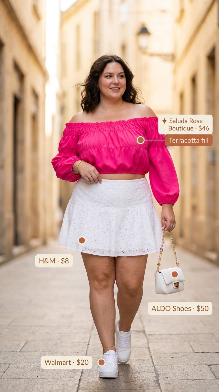 Vibrant summer off shoulder tops outfit for women 2026: hot pink top, white skirt, platform sneakers, crossbody bag.