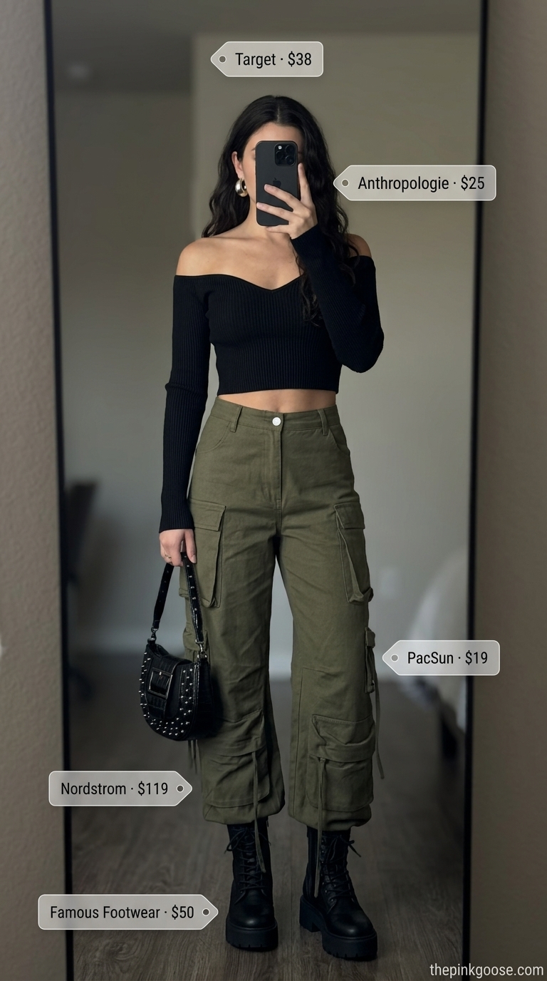 Summer Off Shoulder Tops Outfit 2026: Downtown Edge Downtown Edge: Black ribbed off-shoulder crop top, olive green cargo pants, combat boots. Summer off shoulder tops outfit for women 2026.