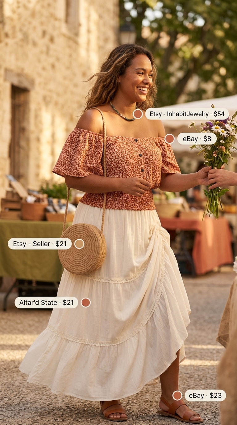Bohemian Summer Off Shoulder Tops Outfit 2026 Bohemian summer off shoulder tops outfit for women 2026: Rust floral crop top, cream maxi skirt, straw bag, and gladiator sandals.