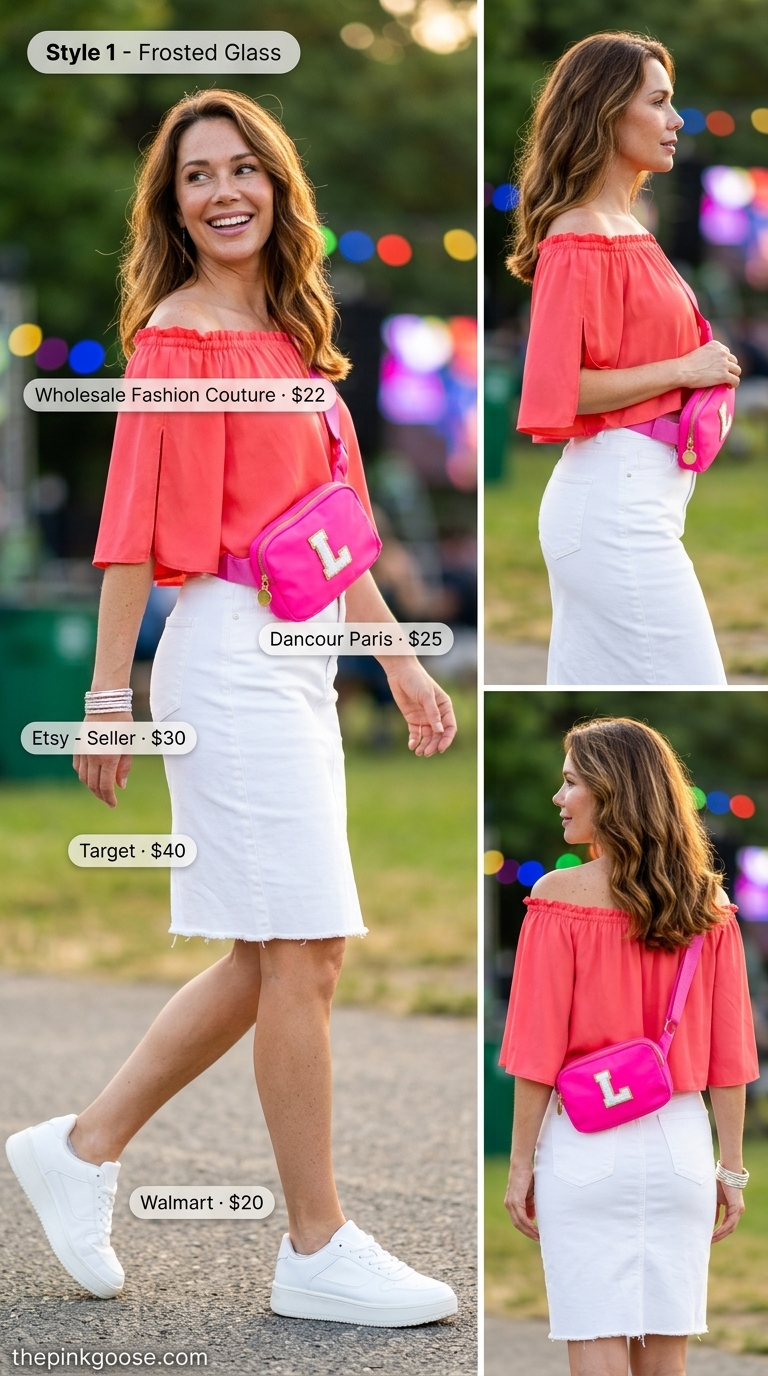 Summer Off Shoulder Tops Outfit 2026: Festival Style Festival Fun Day: Coral ruffle off-shoulder crop top, white denim mini skirt, platform sneakers. Summer off shoulder tops outfit for women 2026.
