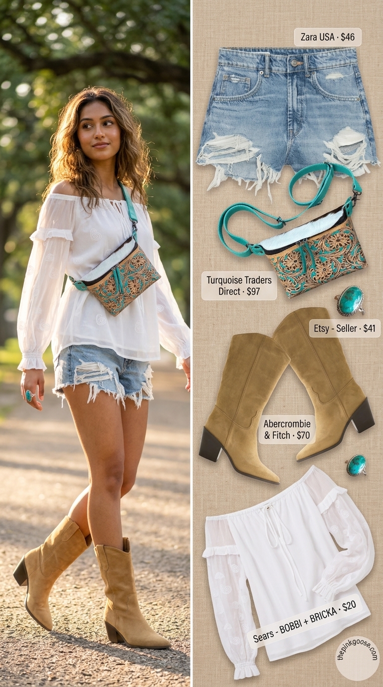 Earthy Festival Summer Off Shoulder Tops Outfit 2026 Earthy festival summer off shoulder tops outfit for women 2026: Ivory peasant top, distressed denim shorts, suede boots, and leather belt bag.