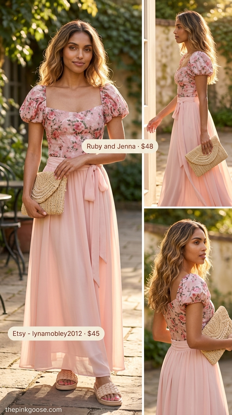 Garden Romance Summer Off Shoulder Tops Outfit 2026 Romantic garden summer off shoulder tops outfit for women 2026: Pink floral blouse, blush maxi skirt, rattan clutch, and gold necklaces.