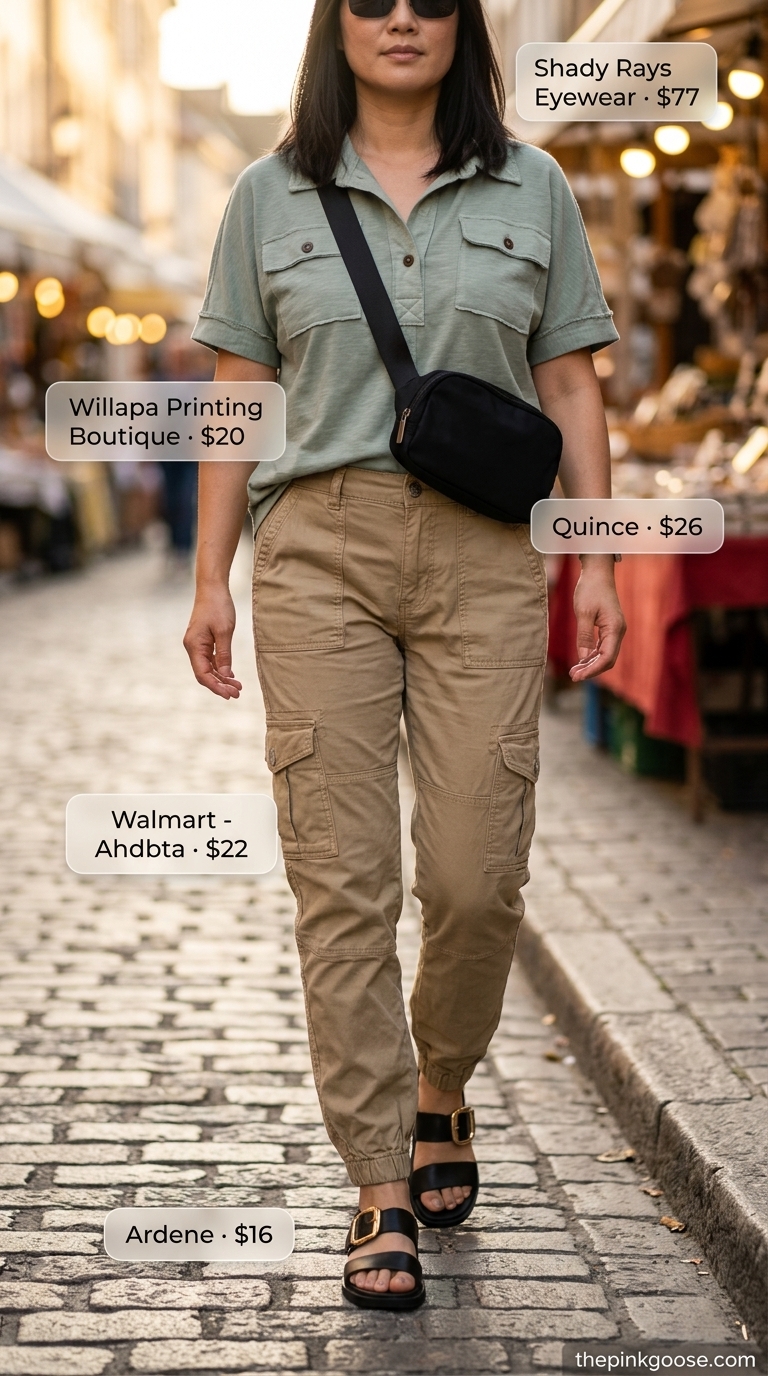 Modern Safari Summer Off Shoulder Tops Outfit 2026 Modern safari summer off shoulder tops outfit for women 2026: Sage green utility top, khaki cargo pants, black sandals, and belt bag.