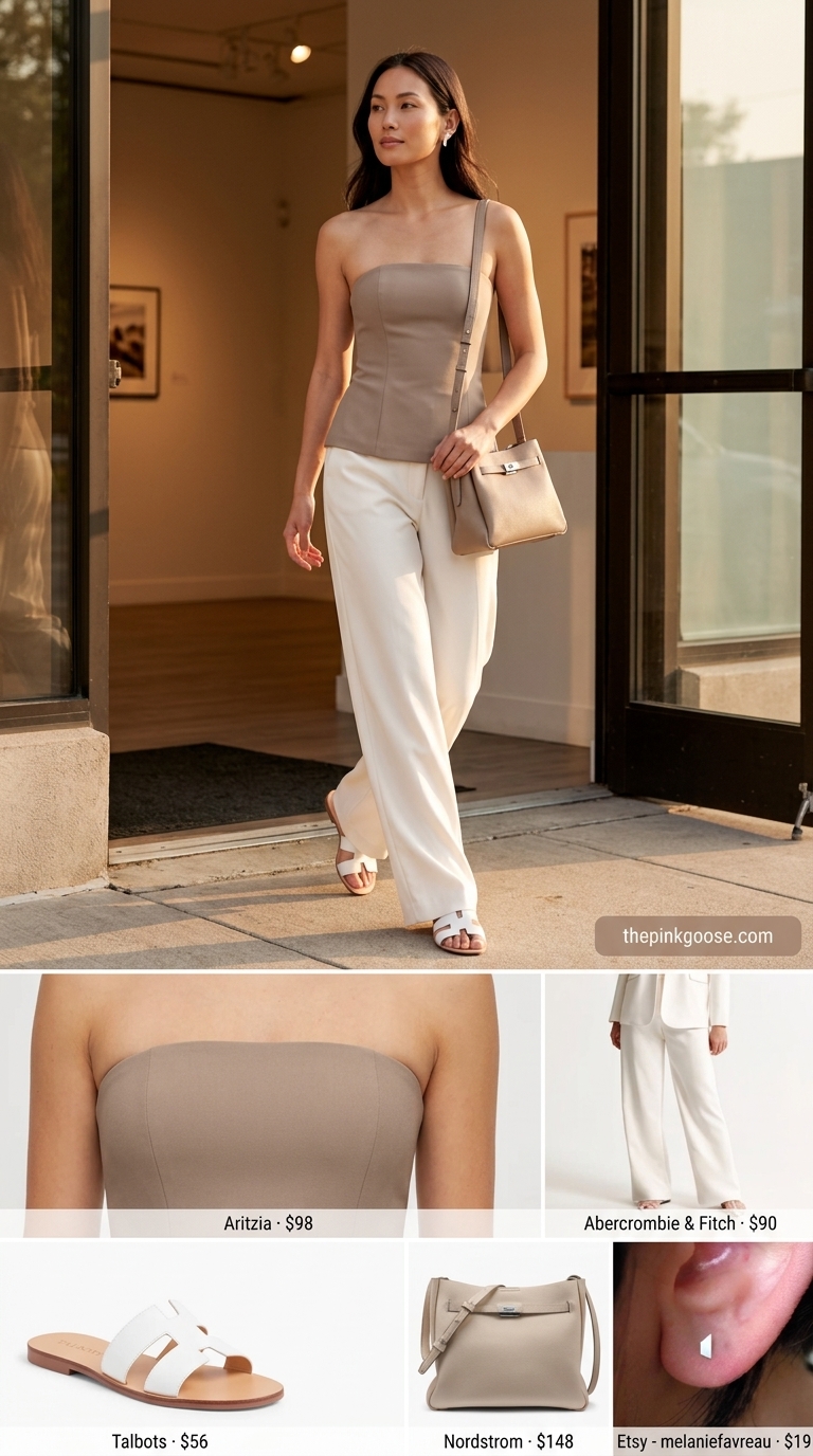 Summer Off Shoulder Tops Outfit 2026: Gallery Opening Chic Gallery Opening outfit: Taupe off-shoulder bandeau top, white wide-leg trousers, minimalist sandals. Summer off shoulder tops outfit for women 2026.