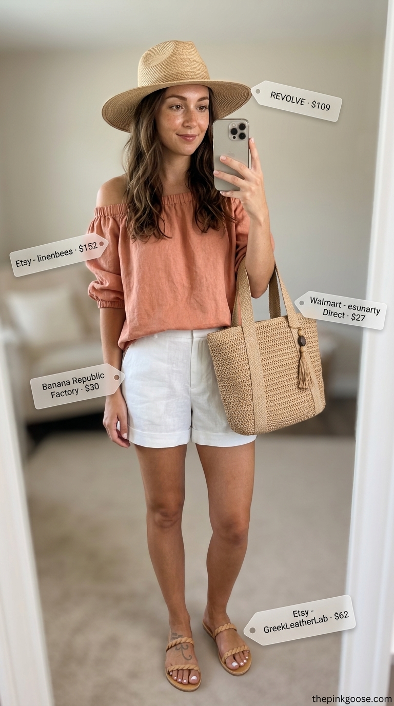 Summer Off Shoulder Tops Outfit 2026: Island Escape Effortless Island Escape: Terracotta off-shoulder tunic top, white linen shorts, braided sandals. Summer off shoulder tops outfit for women 2026.