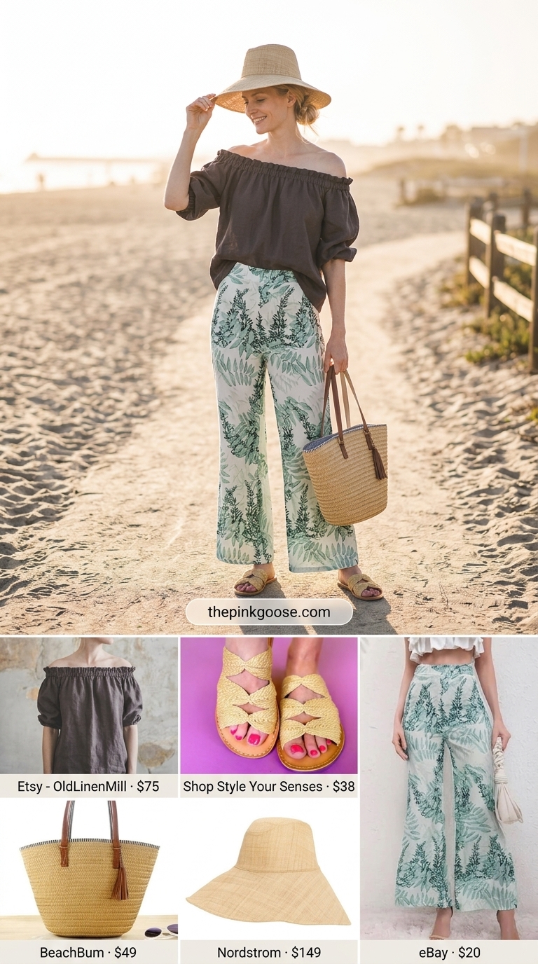 Tropical Escape Summer Off Shoulder Tops Outfit 2026 Tropical vacation summer off shoulder tops outfit for women 2026: Linen off-shoulder top, tropical print pants, straw hat, and tote bag.