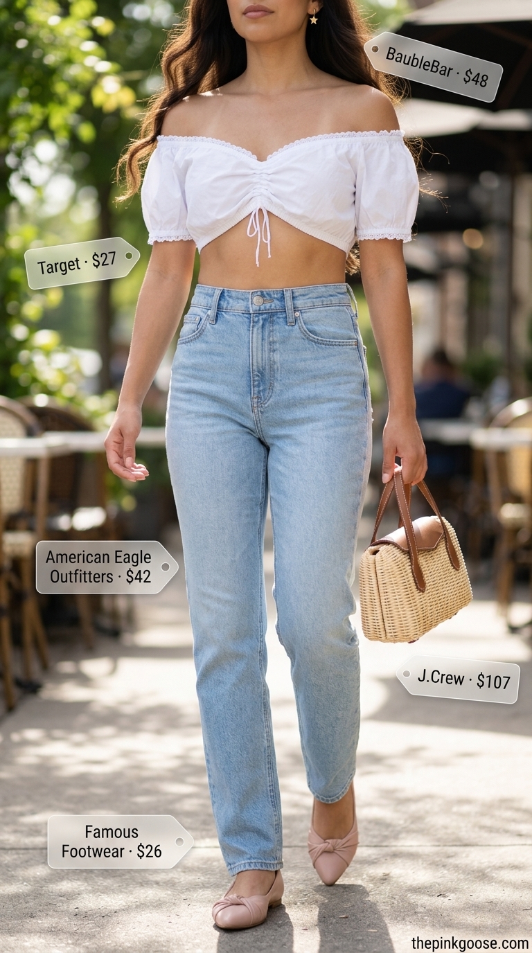 Summer Off Shoulder Tops Outfit 2026: Brunch Style Summer Brunch Chic: White tie-front off-shoulder crop top, light denim jeans, blush pink flats. Summer off shoulder tops outfit for women 2026.