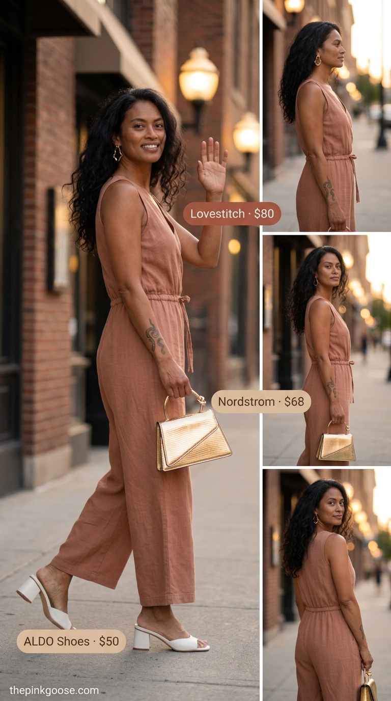 Summer outfit for women over 50 2026: Terracotta wide-leg jumpsuit, block heel mules for date night.