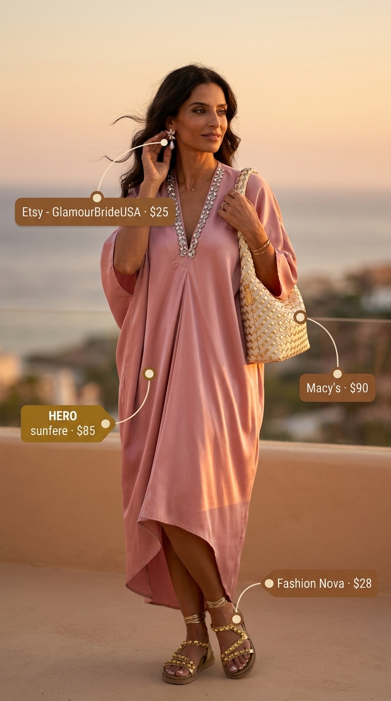 Summer outfit for women over 50 2026: Soft peach caftan maxi dress, gold sandals for beach dinner.