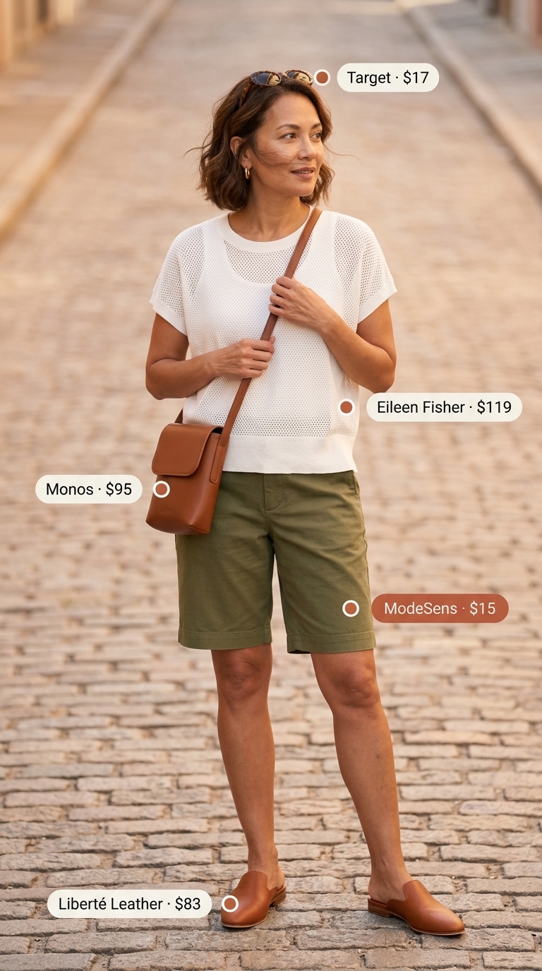 Summer outfit for women over 50 2026: Khaki Bermuda shorts, off-white knit top for city sightseeing.