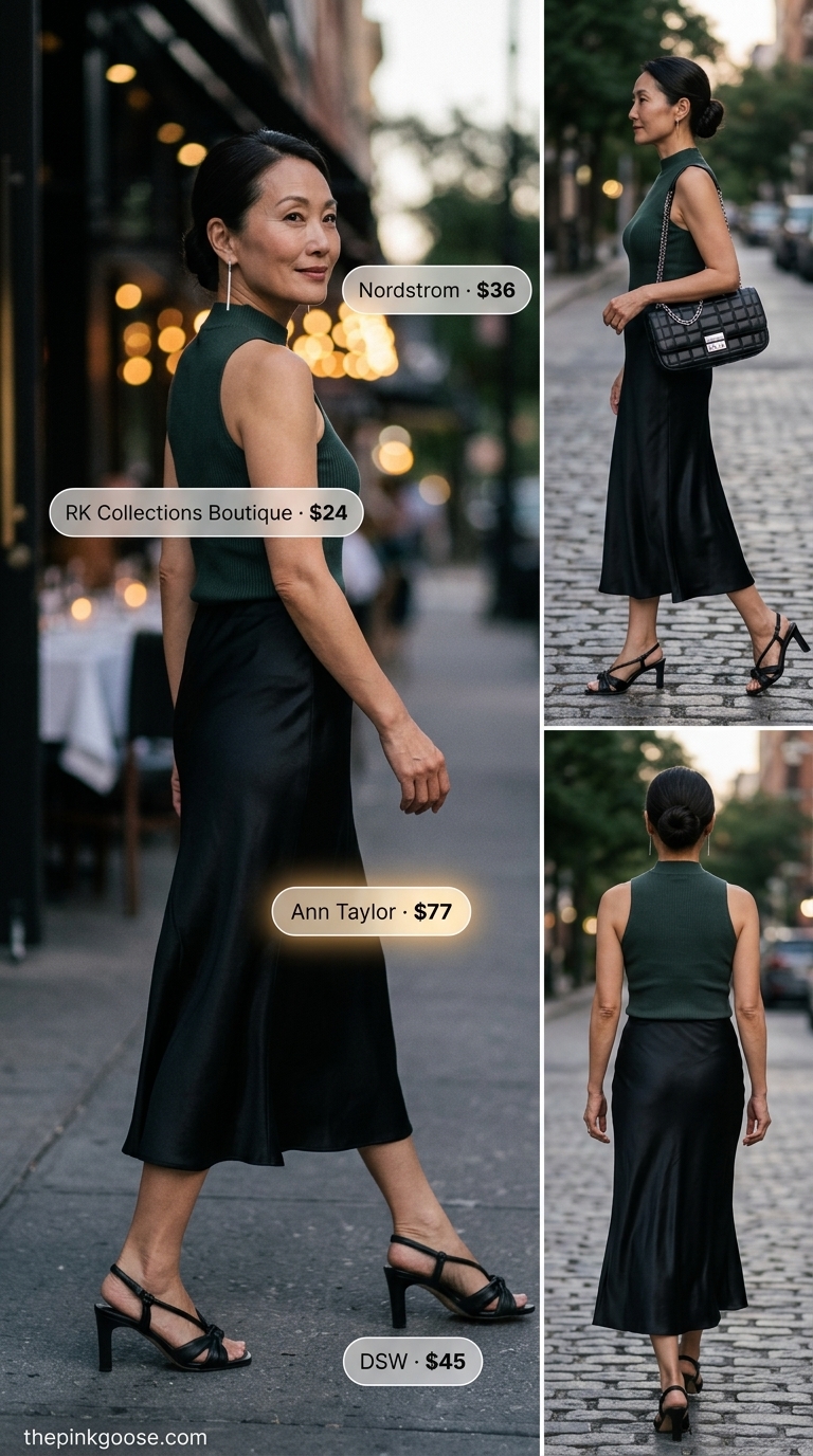 Summer outfit for women over 50 2026: Emerald green knit top, black midi skirt for city dinner.