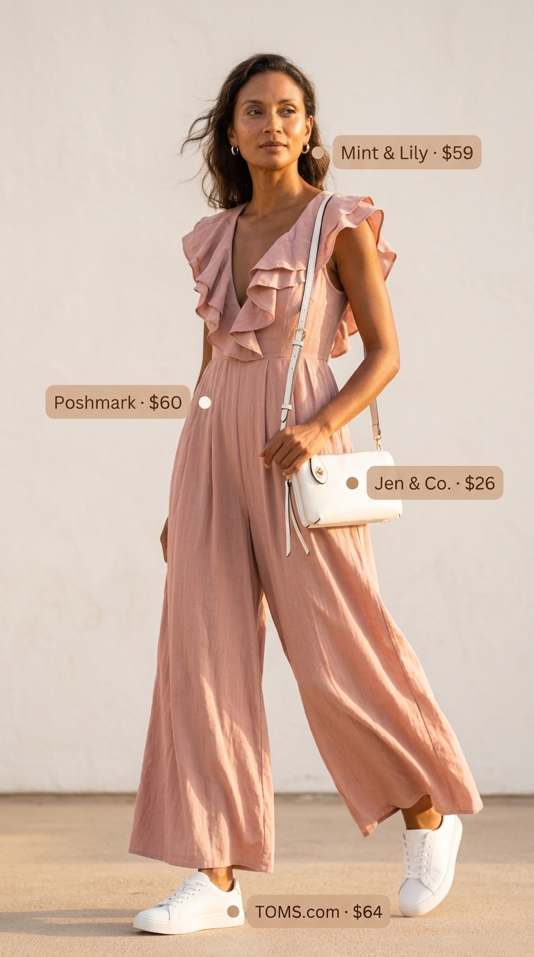 Summer outfit for women over 50 2026: Dusty rose linen jumpsuit, white sneakers for effortless travel style.