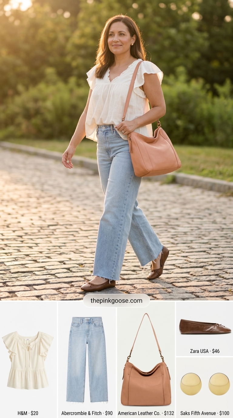 Summer outfit for women over 50 2026: Yellow floral blouse, white jeans & leather flats for farmers market.