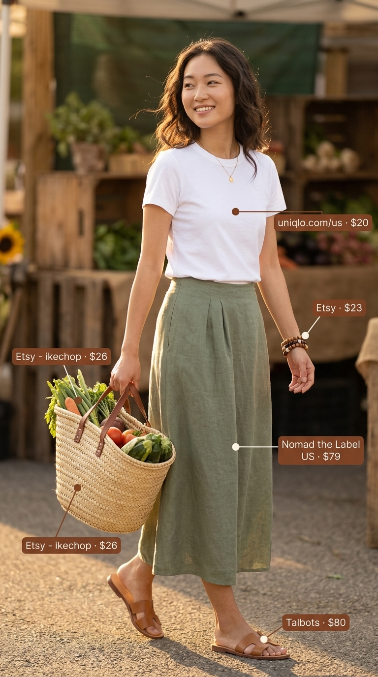 Summer outfit for women over 50 2026: Olive green linen skirt, white tee, tan slides for a farmers market look.