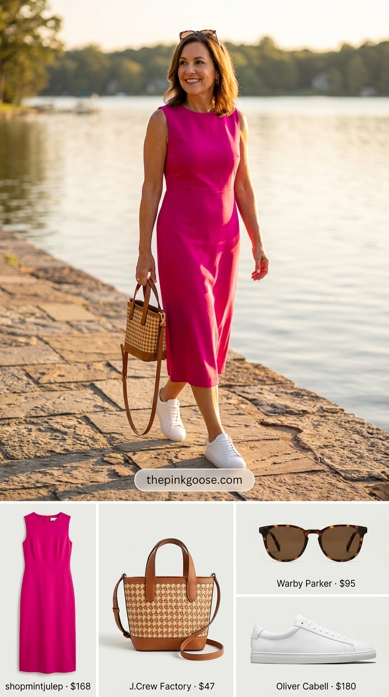 Summer outfit for women over 50 2026: Bright fuchsia shift dress, white sneakers & woven bag for lakeside lunch.