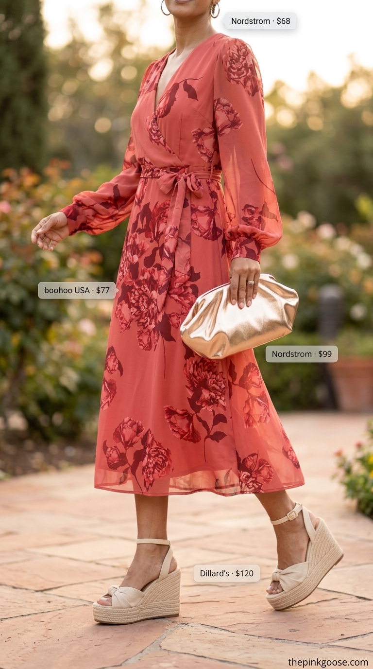 Summer outfit for women over 50 2026: Coral floral midi dress, gold wedges & clutch for garden parties.