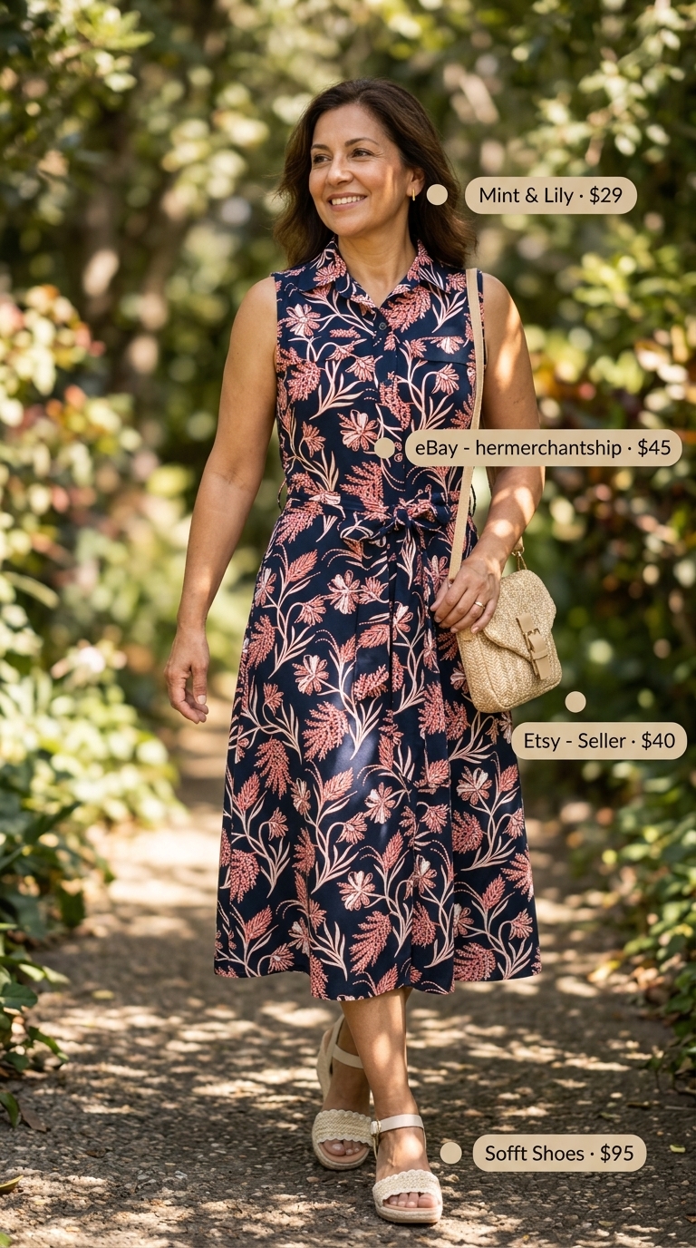 Summer outfit for women over 50 2026: Coral floral midi shirt dress, espadrille wedges for garden party.