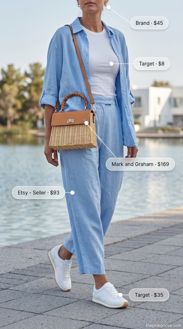 Summer outfit for women over 50 2026: Sky blue linen set, white tank & sneakers for lakeside lunch.