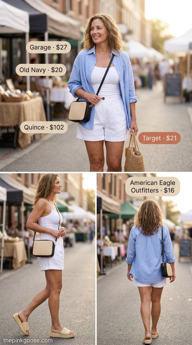 Summer outfit for women over 50 2026: White linen shorts, sky blue shirt, espadrilles for weekend market & casual lunch.