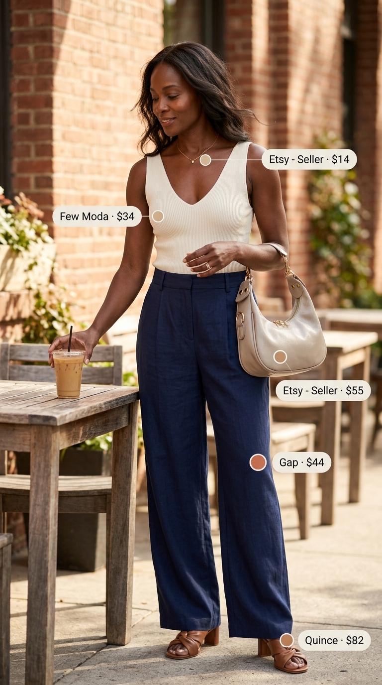 Summer outfit for women over 50 2026: Navy linen pants, cream knit top for Riviera dinner.