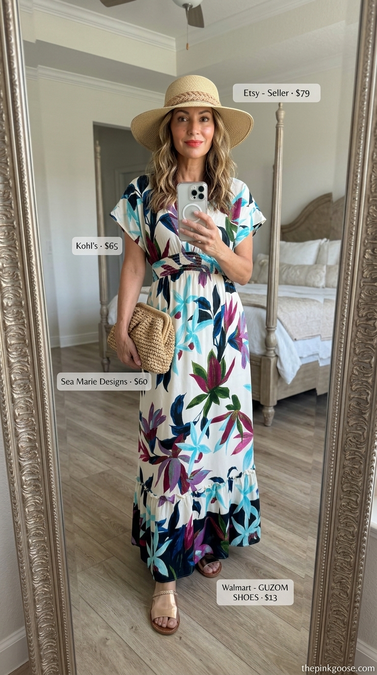 Summer outfit for women over 50 2026: Teal tropical maxi dress, gold sandals & straw hat for resort dinners.