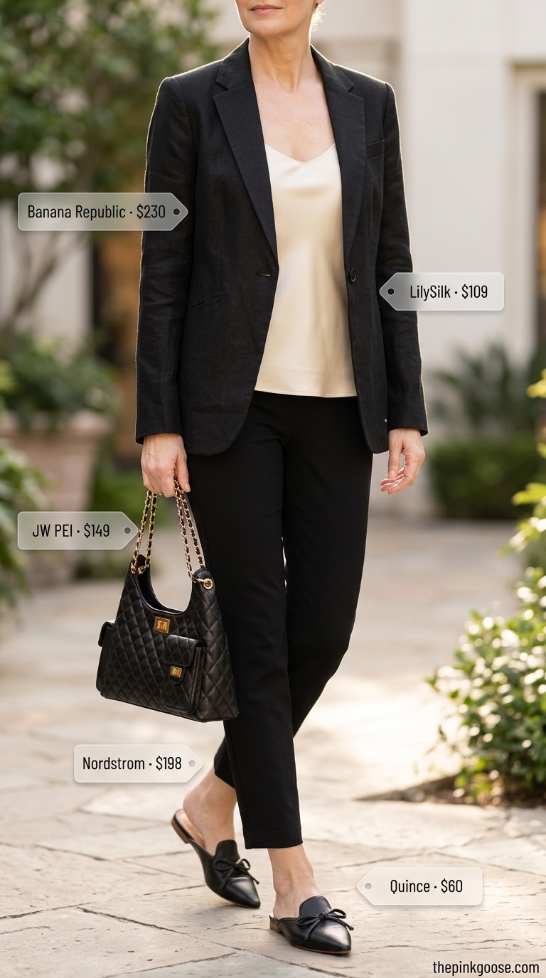Summer outfit for women over 50 2026: Black blazer, cream silk cami, white trousers for urban exploration.