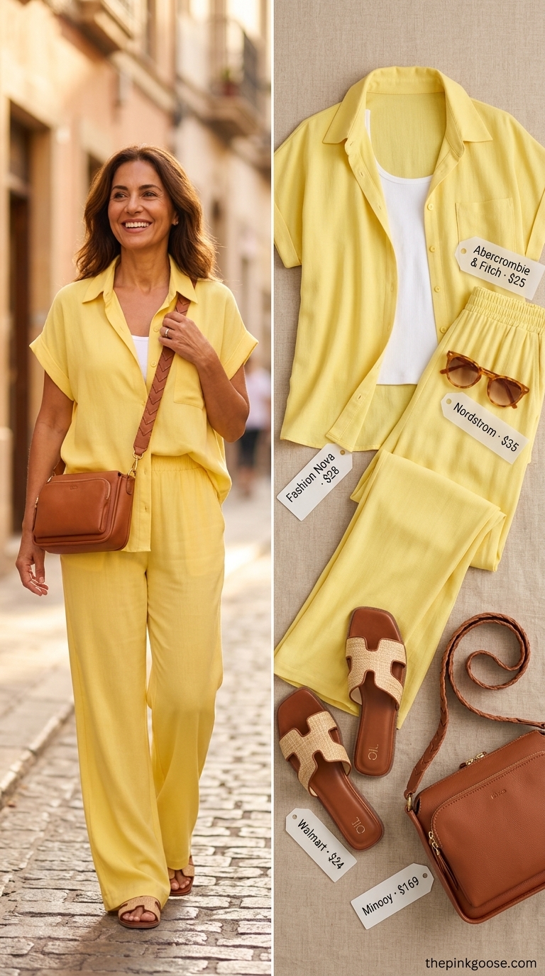 Summer outfit for women over 50 2026: Yellow linen matching set, white cami & woven sandals for festivals.