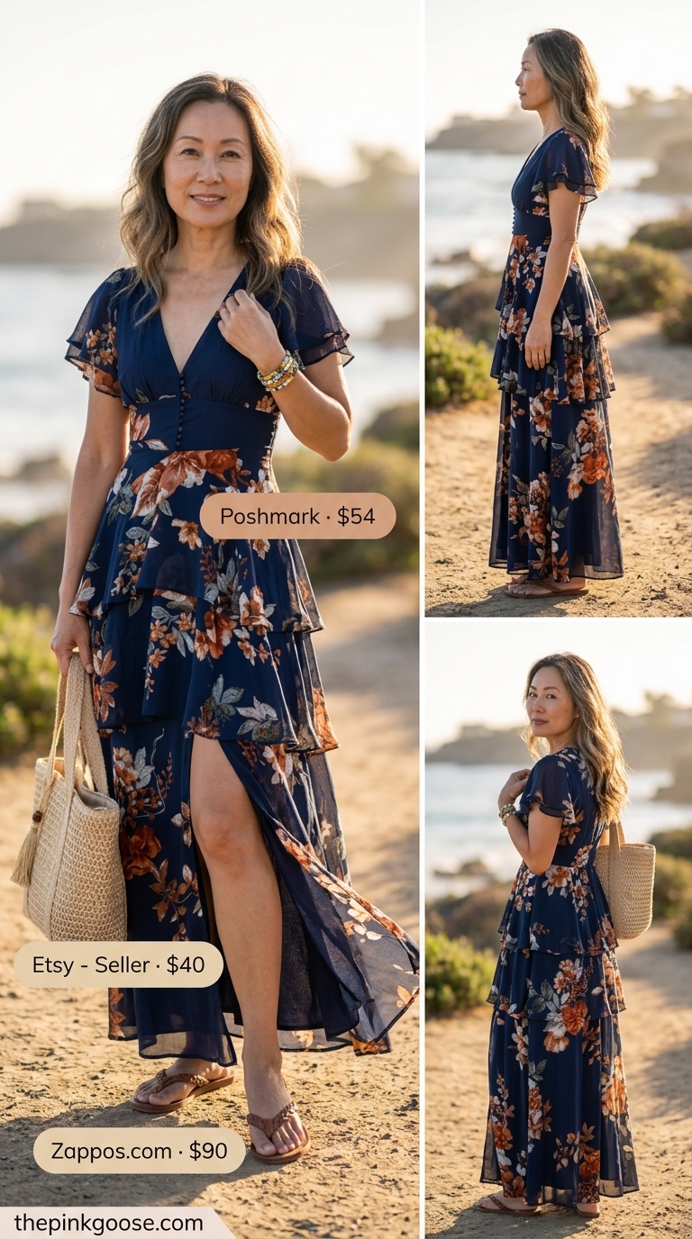 Summer outfit for women over 50 2026: Navy floral maxi dress, straw tote, leather slides for beach vacation.