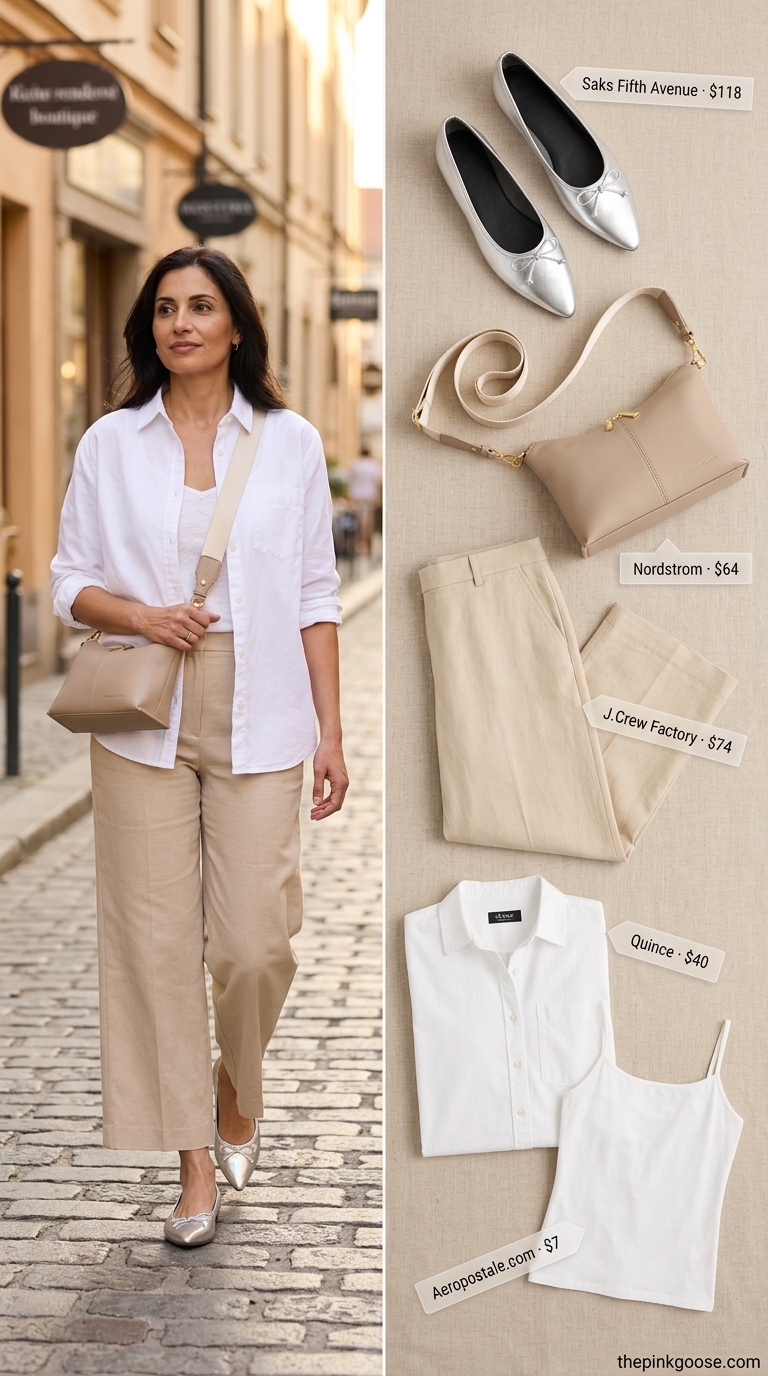 Summer outfit for women over 50 2026: Beige cropped trousers, sky blue shirt, white cami, silver ballet flats for errands.