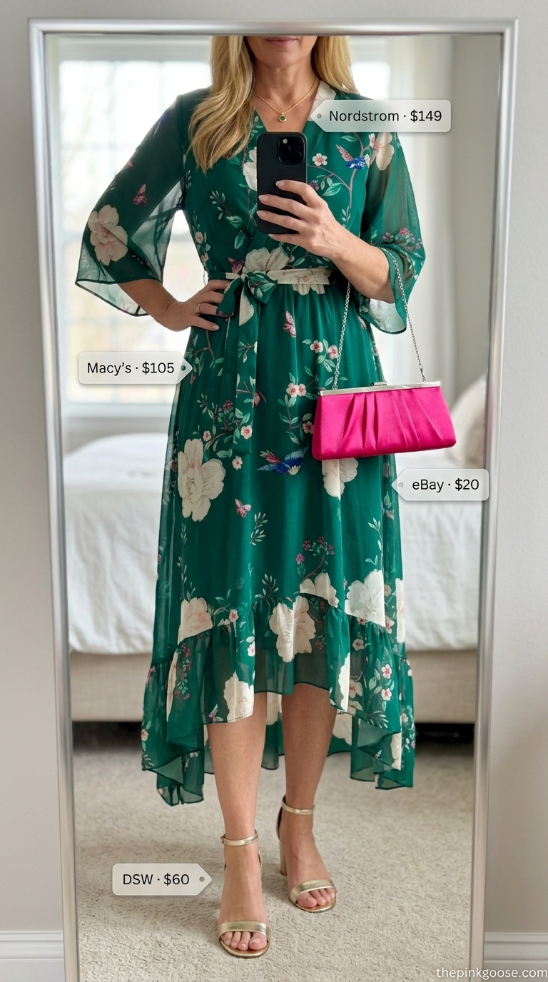 Summer outfit for women over 50 2026: Emerald green floral wrap dress, gold heels, fuchsia clutch for garden party.