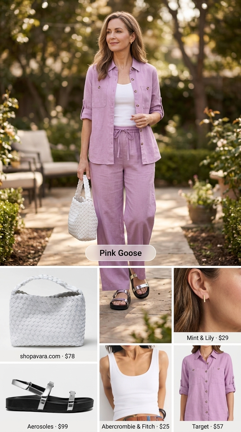 Summer outfit for women over 50 2026: Lavender linen matching set, white tank, silver sandals for patio dinner.