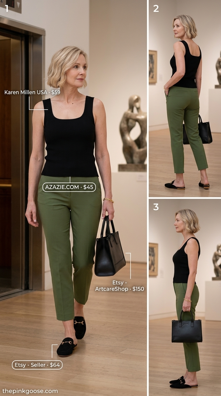Summer outfit for women over 50 2026: Olive green tailored pants, black knit top, suede mules for art gallery.