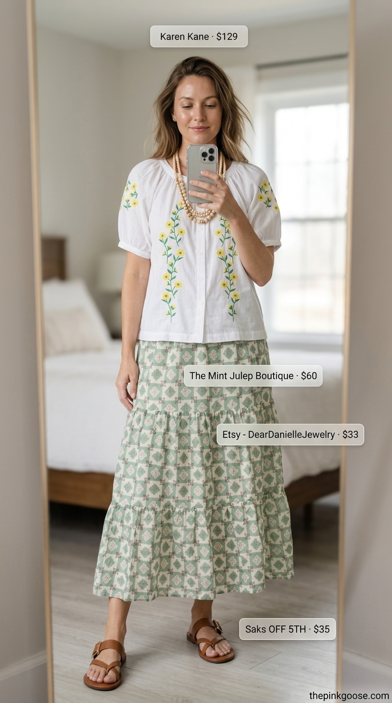 Summer outfit for women over 50 2026: Olive green tiered skirt, cream peasant blouse, straw tote for boho day.