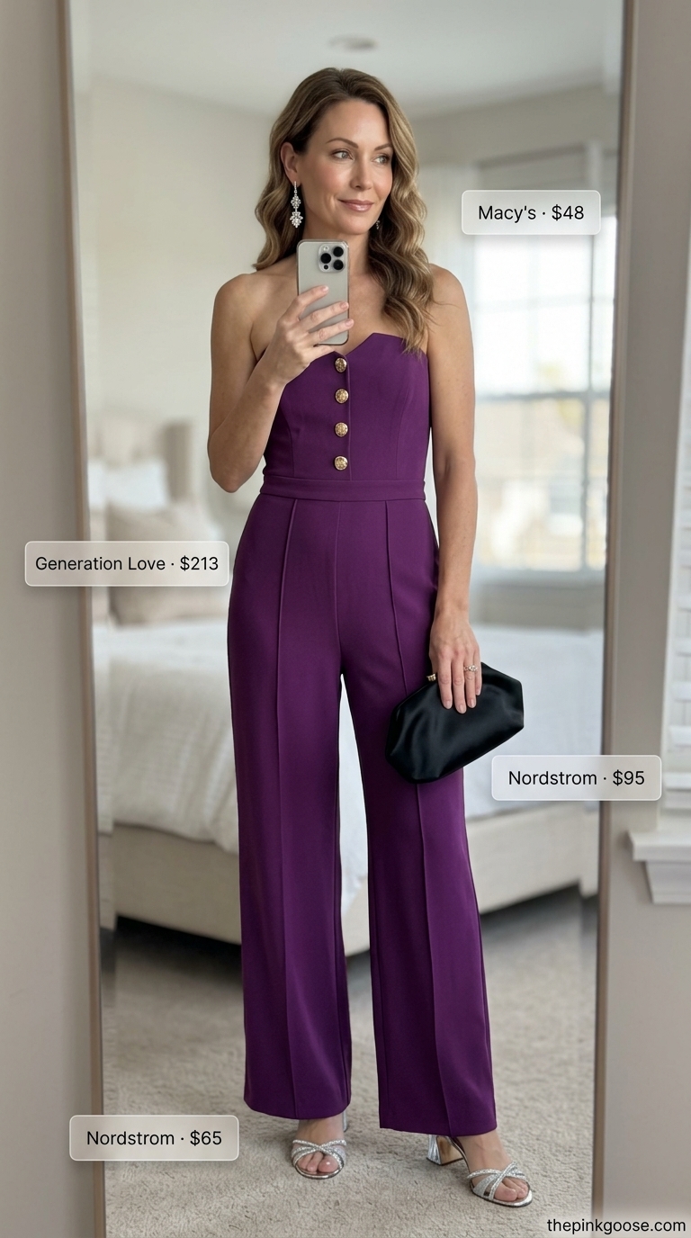 Summer outfit for women over 50 2026: Plum wide-leg jumpsuit, silver earrings, block heels for evening dinner.