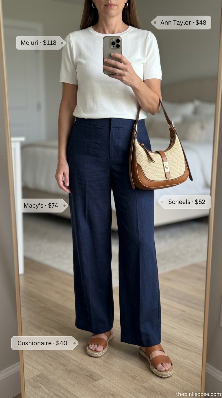 Summer outfit for women over 50 2026: Navy linen trousers, white knit top, espadrilles for resort lunch.