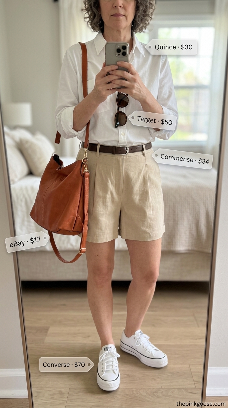 Summer outfit for women over 50 2026: Khaki linen shorts, white button-down shirt, leather sneakers for city exploration.