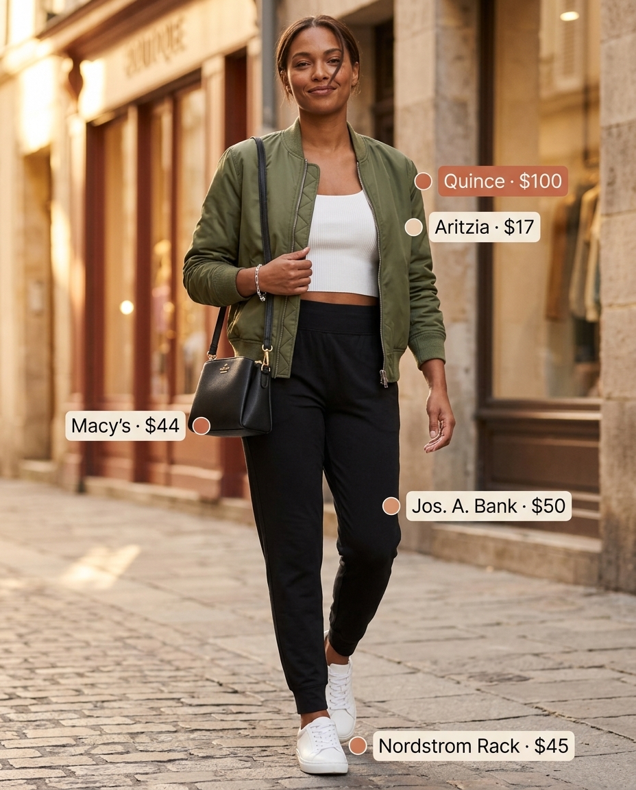 Athleisure Edge outfit with white sneakers for summer outfits 2026. Sporty, edgy look for travel and errands.