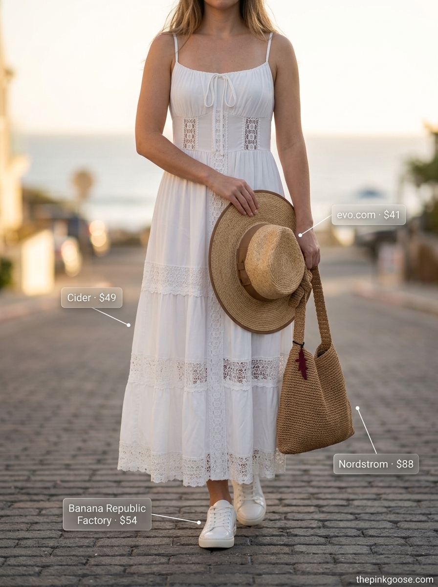 Coastal Breeze Maxi dress with white sneakers for summer outfits 2026. Ethereal, chic look for beach towns.