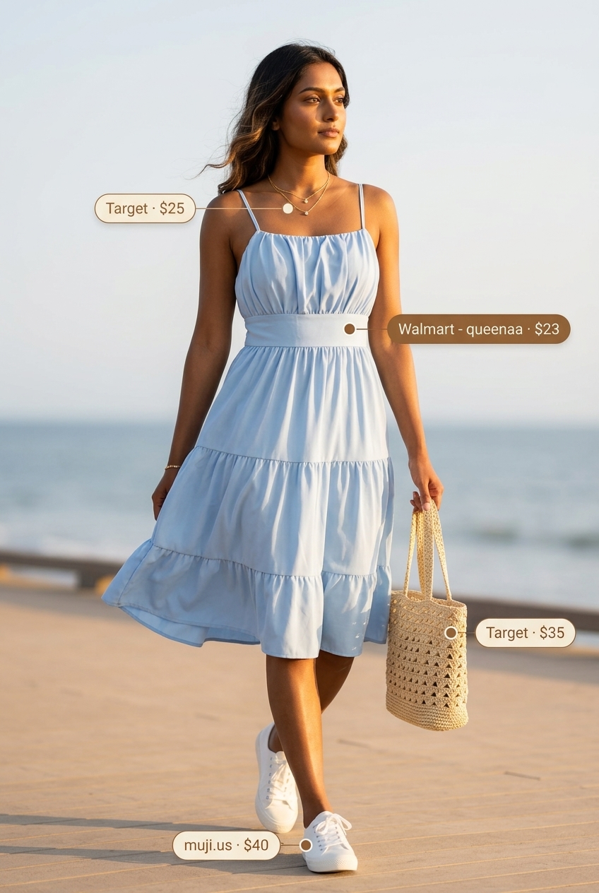 Coastal Breeze Midi dress with white sneakers for summer outfits 2026. Ethereal, relaxed outfit for beachside brunch.