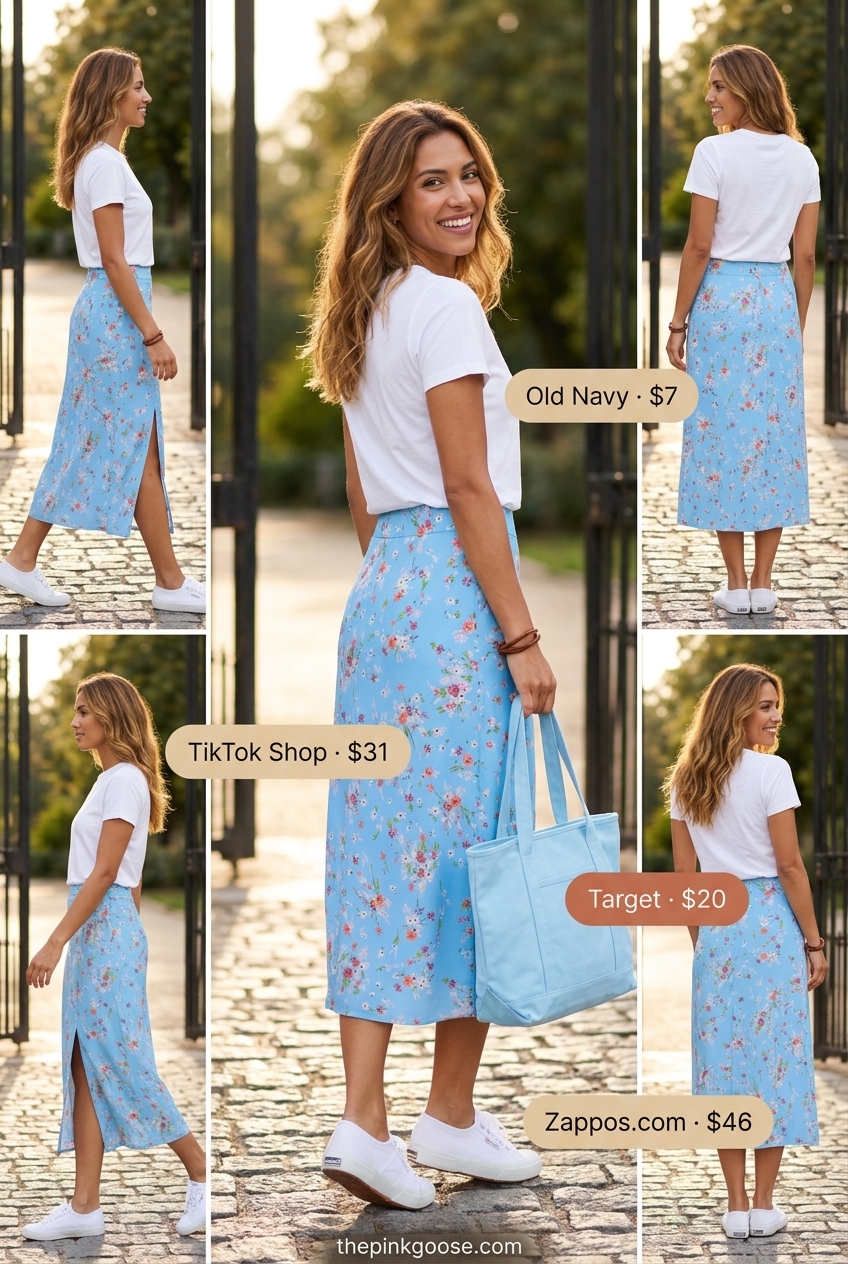 Picnic Perfect skirt outfit with white sneakers for summer outfits 2026. Sweet, feminine look for park days.