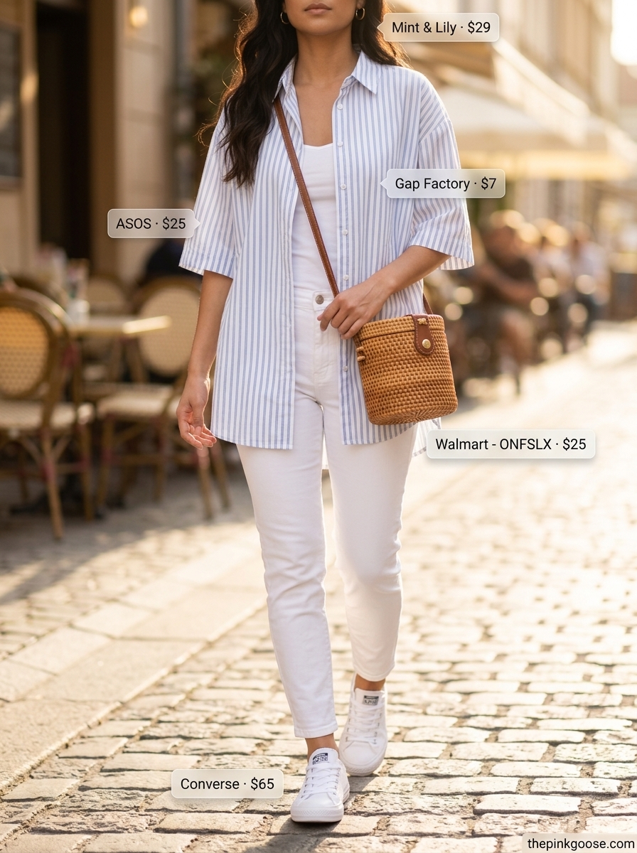 Weekend Getaway Ready matching set with white sneakers for summer outfits 2026. Laid-back, chic look for travel.